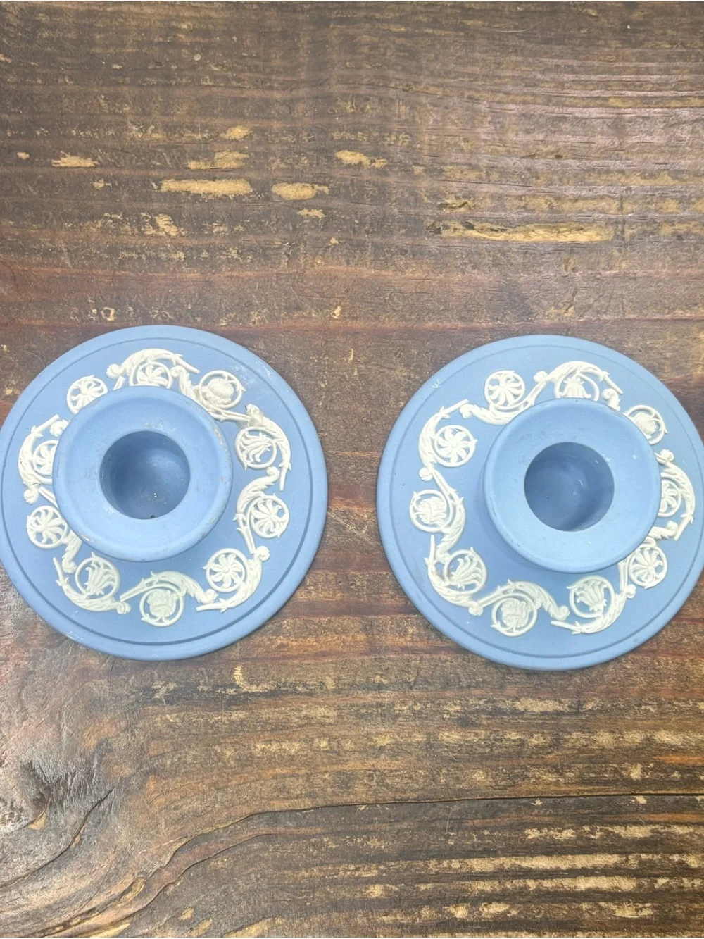 Vintage Wedgwood Portland Blue Jasperware Candlestick Holders Pair England 1976